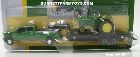 Item #45841 John Deere 4020 Tractor with Black Gooseneck Trailer and Green Ford F-350 Pickup Truck - 1/64 Scale - Ertl / Tomy