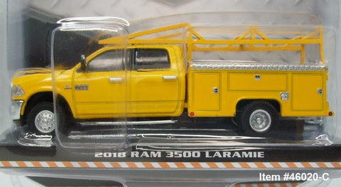 Item #46020-C Yellow 2018 RAM 3500 Laramie Service Truck with Ladder Rack - 1/64 Scale – Greenlight - Dually Drivers Series 2