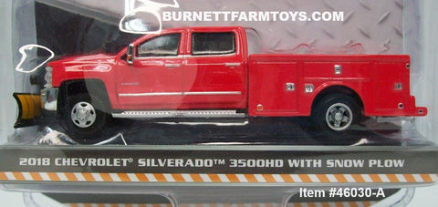 Item #46030-A Red 2018 Chevrolet Silverado 3500 HD Service Truck with Snow Plow - 1/64 Scale – Greenlight - Dually Drivers Series 3