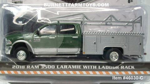 Item #46030-C Green Silver Bed 2018 RAM 3500 Laramie Service Truck with Ladder Rack - 1/64 Scale – Greenlight - Dually Drivers Series 3