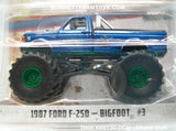 Item #49130-DCU Blue with Green Frame 1987 Ford F-250 Bigfoot #3 - Chase Unit - 1/64 Scale - Greenlight - Kings of Crunch Series 13