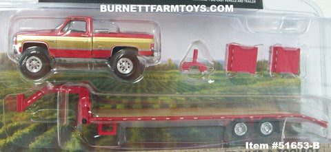 Item #51653-B Red Gold Silver 1987 Lifted GMC K-2500 Pickup Truck with Toolbox and Red Tandem Axle Flatbed Gooseneck Trailer with Ramps - 1/64 Scale - Greenlight