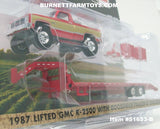 Item #51653-B Red Gold Silver 1987 Lifted GMC K-2500 Pickup Truck with Toolbox and Red Tandem Axle Flatbed Gooseneck Trailer with Ramps - 1/64 Scale - Greenlight
