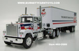 Item #60-0986 Mack Trucks White Blue Stripe Red Stripe Long Frame Mack Superliner Day Cab with White Blue Red Tandem Axle 40-foot Vintage Dry Goods Van Trailer - 1/64 Scale - DCP