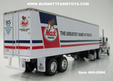 Item #60-0986 Mack Trucks White Blue Stripe Red Stripe Long Frame Mack Superliner Day Cab with White Blue Red Tandem Axle 40-foot Vintage Dry Goods Van Trailer - 1/64 Scale - DCP
