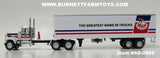 Item #60-0986 Mack Trucks White Blue Stripe Red Stripe Long Frame Mack Superliner Day Cab with White Blue Red Tandem Axle 40-foot Vintage Dry Goods Van Trailer - 1/64 Scale - DCP