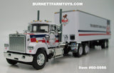 Item #60-0986 Mack Trucks White Blue Stripe Red Stripe Long Frame Mack Superliner Day Cab with White Blue Red Tandem Axle 40-foot Vintage Dry Goods Van Trailer - 1/64 Scale - DCP - Note: Paint Smear on Cab and Black Line on Trailer Roof - Sold As-Is