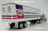 Item #60-0986 Mack Trucks White Blue Stripe Red Stripe Long Frame Mack Superliner Day Cab with White Blue Red Tandem Axle 40-foot Vintage Dry Goods Van Trailer - 1/64 Scale - DCP - Note: Paint Smear on Cab and Black Line on Trailer Roof - Sold As-Is