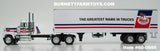 Item #60-0986 Mack Trucks White Blue Stripe Red Stripe Long Frame Mack Superliner Day Cab with White Blue Red Tandem Axle 40-foot Vintage Dry Goods Van Trailer - 1/64 Scale - DCP - Note: Paint Smear on Cab and Black Line on Trailer Roof - Sold As-Is