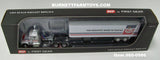 Item #60-0986 Mack Trucks White Blue Stripe Red Stripe Long Frame Mack Superliner Day Cab with White Blue Red Tandem Axle 40-foot Vintage Dry Goods Van Trailer - 1/64 Scale - DCP - Note: Paint Smear on Cab and Black Line on Trailer Roof - Sold As-Is