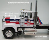 Item #60-0986 Mack Trucks White Blue Stripe Red Stripe Long Frame Mack Superliner Day Cab with White Blue Red Tandem Axle 40-foot Vintage Dry Goods Van Trailer - 1/64 Scale - DCP - Note: Paint Smear on Cab and Black Line on Trailer Roof - Sold As-Is