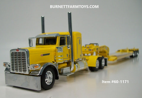 Item #60-1171 Yellow Peterbilt 389 Pride-N-Class 36-inch Flattop Sleeper with Yellow Tri-Axle Fontaine Magnitude Lowboy Trailer with Detachable Neck - 1/64 Scale – DCP by First Gear