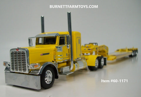 Item #60-1171 Yellow Peterbilt 389 Pride-N-Class 36-inch Flattop Sleeper with Yellow Tri-Axle Fontaine Magnitude Lowboy Trailer with Detachable Neck - 1/64 Scale - DCP by First Gear