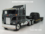 Item #60-1299 Black Gray Silver Outline Peterbilt 352 COE 110-inch Sleeper with Turbo Wing and Black Tandem Axle Rogers Vintage Lowboy Trailer with Detachable Neck and Coil Load - 1/64 Scale - DCP by First Gear