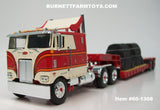 Item #60-1308 Red Cream Orange Stripe Black Outline Peterbilt 352 COE 110-inch Sleeper with Turbo Wing and Red Tandem Axle Rogers Vintage Lowboy Trailer with Detachable Neck and Coil Load - 1/64 Scale - DCP by First Gear
