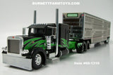 Item #60-1310 Bottomley Enterprises Big Daddy Black Green Long Frame Peterbilt 389 63-inch Flattop Sleeper with Silver Sided Black Trim Tandem Axle Wilson Silver Star Livestock Trailer - 1/64 Scale - DCP by First Gear