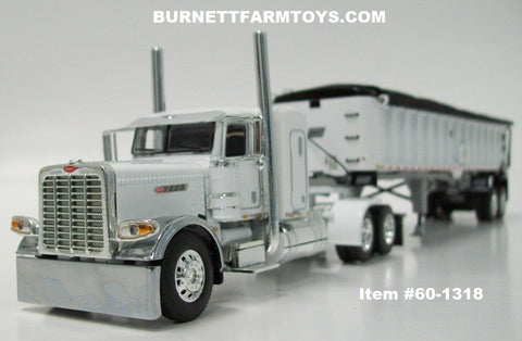 Item #60-1318 White Peterbilt 389 Pride-N-Class 36-inch Flattop Sleeper with White Sided Black Tarp Silver Frame EAST End Dump Trailer - 1/64 Scale – DCP by First Gear