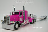 Item #60-1372 Pink Peterbilt 389 Pride-N-Class 36-inch Flattop Sleeper with White Tri-Axle Fontaine Magnitude Lowboy Trailer with Detachable Neck - 1/64 Scale - DCP by First Gear