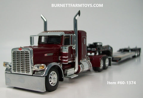 Item #60-1374 Burgundy Peterbilt 389 Pride-N-Class 36-inch Flattop Sleeper with Black Tri-Axle Fontaine Magnitude Lowboy Trailer with Detachable Neck - 1/64 Scale - DCP by First Gear