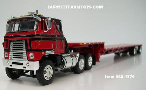Item #60-1379 Red Black Silver Outline International Transtar COE with Red Deck Red Frame Spread Axle Transcraft Eagle Stepdeck Trailer - 1/64 Scale - DCP by First Gear