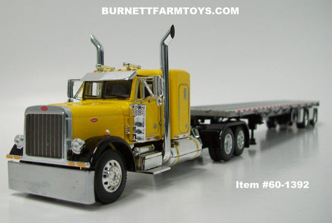 Item #60-1392 Yellow Black Fender Peterbilt 379 36-inch Flattop Sleeper with Silver Deck Black Frame Spread Axle Wilson Roadbrute Flatbed Trailer - 1/64 Scale – DCP by First Gear