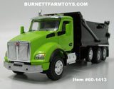 Item #60-1413 Lime Green Kenworth T880 Day Cab with Tri-Axle Black Rogue Transfer Dump Body - 1/64 Scale – DCP by First Gear