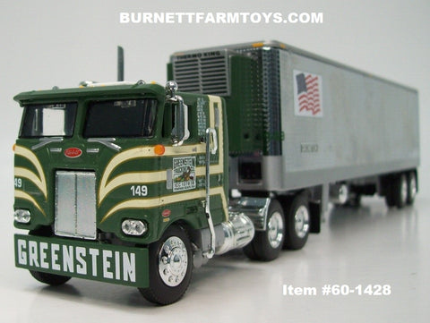 Item #60-1428 Greenstein Trucking Co. Green Tan Gold Outline Peterbilt 352 COE 86-inch Sleeper with Tandem Axle 40-foot Vintage Refrigerated Trailer with Thermo King Refrigerator - 1/64 Scale - DCP by First Gear - Fallen Flags #46