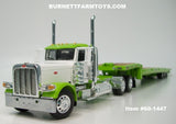 Item #60-1447 White Lime Green Peterbilt 389 Day Cab with Headache Rack and Lime Green Tri-Axle Talbert 5553TA Slide Axle Flatbed Trailer - 1/64 Scale - DCP by First Gear