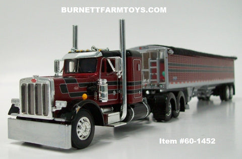Item #60-1452 Burgundy Black Silver Outline Peterbilt 359 36-inch Flattop Sleeper with Burgundy Black Silver Outline High Sided Black Tarp Silver Frame Tandem Axle Wilson 43-foot Pacesetter Grain Trailer - 1/64 Scale – DCP by First Gear