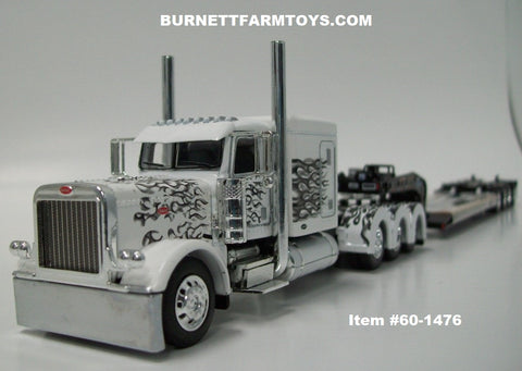 Item #60-1476 White Black and Gray Flame Tri-Axle Peterbilt 389 63-inch Flattop Sleeper with Black Tri-Axle Fontaine Magnitude Lowboy Trailer with Flip Axle and Detachable Neck - 1/64 Scale - DCP by First Gear