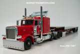 Item #60-1487 Red Tri-Axle Peterbilt 389 63-inch Flattop Sleeper with Turbo Wing and Black Deck Red Frame Spread Axle Transcraft Stepdeck Trailer - 1/64 Scale - DCP by First Gear