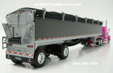 Item #60-1530 Pink Gray White Outline Tri-Axle Peterbilt 379 63-inch Flattop Sleeper with Gun Metal Gray Sided Black Tarp Silver Frame Spread Axle Wilson Patriot 50-foot Belted Grain Trailer - 1/64 Scale - DCP by First Gear