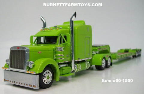 Item #60-1550 Lime Green Peterbilt 379 63-inch Mid Roof Sleeper with Lime Green Tri-Axle Talbert Lowboy Trailer with Detachable Neck - 1/64 Scale - DCP by First Gear