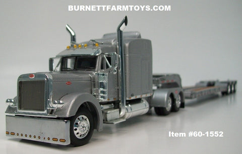 Item #60-1552 Silver Peterbilt 379 63-inch Mid Roof Sleeper with Silver Tri-Axle Talbert Lowboy Trailer with Detachable Neck - 1/64 Scale - DCP by First Gear
