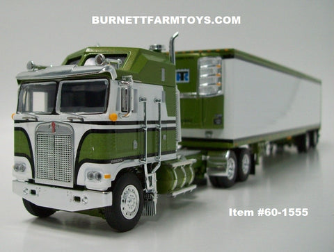 Item #60-1555 Green Metallic White Black Outline Long Frame Kenworth K100 COE Aerodyne Sleeper with White Ribbed Sided Green Trim Spread Axle Utility 53-foot Refrigerated Trailer with Thermo King Refrigerator - 1/64 Scale - DCP by First Gear