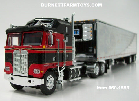 Item #60-1556 Black Red Gold Outline Long Frame Kenworth K100 COE Aerodyne Sleeper with Chrome Ribbed Sided Black Frame Spread Axle Utility 53-foot Refrigerated Van Trailer with Thermo King Refrigerator - 1/64 Scale - DCP by First Gear