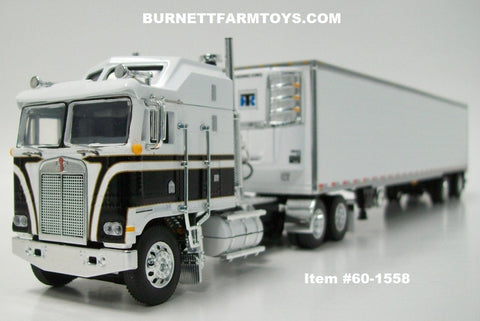 Item #60-1558 White Black Gold Outline Long Frame Kenworth K100 Aerodyne Sleeper with White Ribbed Sided Silver Trim Black Frame Spread Axle Utility 53-foot Refrigerated Van Trailer with Thermo King Refrigerator - 1/64 Scale - DCP by First Gear