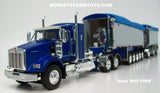 Item #60-1569 Blue Kenworth T800 38-inch Sleeper with Chrome Sided Blue Tarp Blue Frame East Genesis II 31-foot and 20-foot Michigan Train End Dump Trailers - 1/64 Scale - DCP by First Gear