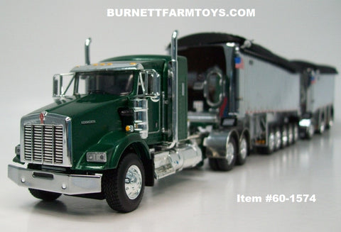 Item #60-1574 Green Kenworth T800 38-inch Sleeper with Chrome Sided Black Tarp Silver Frame East Genesis II 31-foot and 20-foot Michigan Train End Dump Trailers - 1/64 Scale - DCP by First Gear