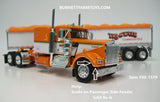 Item #60-1579 Tri State Commodities Orange White Gold Kenworth W900A 60-inch Flattop Sleeper with White Sided Orange Tarp Tandem Axle Wilson Pacesetter High Sided Hopper Bottom Grain Trailer - 1/64 Scale DCP - Note: Spots on Passenger Fender - Sold As-Is
