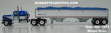 Item #60-1582 Shupe Bros Blue White Black Outline Kenworth W900A 36-inch Flattop Sleeper with White Sided Blue Tarp Silver Frame Tandem Axle Wilson Pacesetter 43-foot Hopper Bottom Grain Trailer - 1/64 Scale – DCP by First Gear