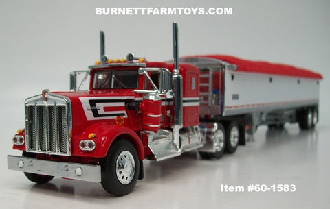 Item #60-1583 Red White Stripe Black Stripe Kenworth W900A 36-inch Flattop Sleeper with White Sided Red Tarp Silver Frame Tandem Axle Wilson Pacesetter 43-foot Hopper Bottom Grain Trailer - 1/64 Scale – DCP by First Gear