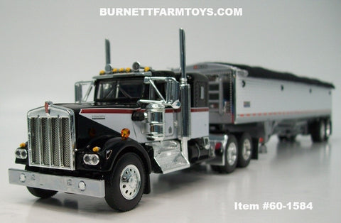 Item #60-1584 Black White Burgundy Stripe Kenworth W900A 36-inch Flattop Sleeper with White Sided Black Tarp Silver Frame Tandem Axle Wilson Pacesetter 43-foot Hopper Bottom Grain Trailer - 1/64 Scale – DCP by First Gear