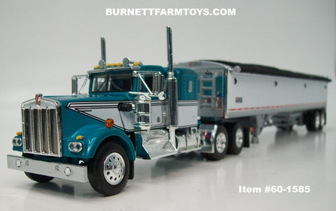 Item #60-1585 Teal White Black Outline Kenworth W900A 36-inch Flattop Sleeper with White Sided Black Tarp Silver Frame Tandem Axle Wilson Pacesetter 43-foot Hopper Bottom Grain Trailer - 1/64 Scale – DCP by First Gear