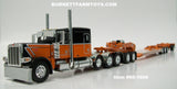Item #60-1608 Black Dark Orange White Outline Peterbilt 389 63-inch Flattop Sleeper with Dark Orange Tri-Axle Fontaine Magnitude Lowboy Trailer with Detachable Neck and Jeep and Stinger - 1/64 Scale - DCP by First Gear