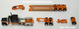 Item #60-1608 Black Dark Orange White Outline Peterbilt 389 63-inch Flattop Sleeper with Dark Orange Tri-Axle Fontaine Magnitude Lowboy Trailer with Detachable Neck and Jeep and Stinger - 1/64 Scale - DCP by First Gear