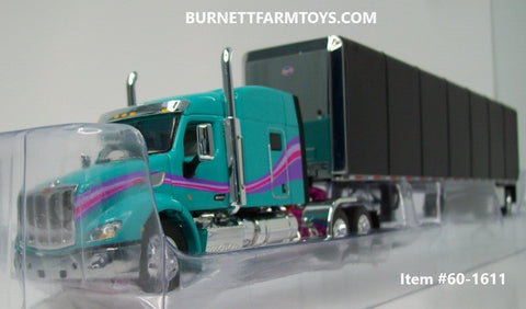Item #60-1611 Teal Pink Purple Stripe Peterbilt 579 72-inch Mid Roof Sleeper with Black Tarp Spread Axle Utility Roll Tarp Flatbed Trailer - 1/64 Scale - DCP by First Gear