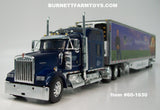Item #60-1630 Alsum Transport Blue Kenworth W900L 86-inch Studio Sleeper with Tandem Axle Utility 53-foot Smooth Sided Refrigerated Trailer with Skirts and Thermo King Refrigerator - 1/64 Scale - DCP by First Gear