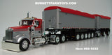 Item #60-1632 Red Silver Kenworth W900L Day Cab with Silver Sided Red Tarp Black Frame East Genesis II 31-foot and 20-foot Michigan Train End Dump Trailers - 1/64 Scale – DCP by First Gear