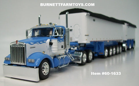 Item #60-1633 Wisteria Blue White Kenworth W900L Day Cab with White Sided Black Tarp Wisteria Blue Frame East Genesis II 31-foot and 20-foot Michigan Train End Dump Trailers - 1/64 Scale – DCP by First Gear